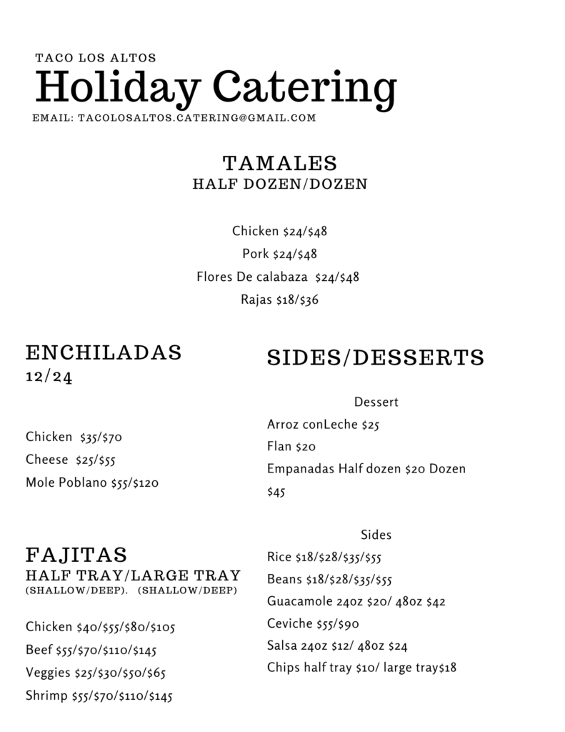 Tacos Los Altos Holiday Menu