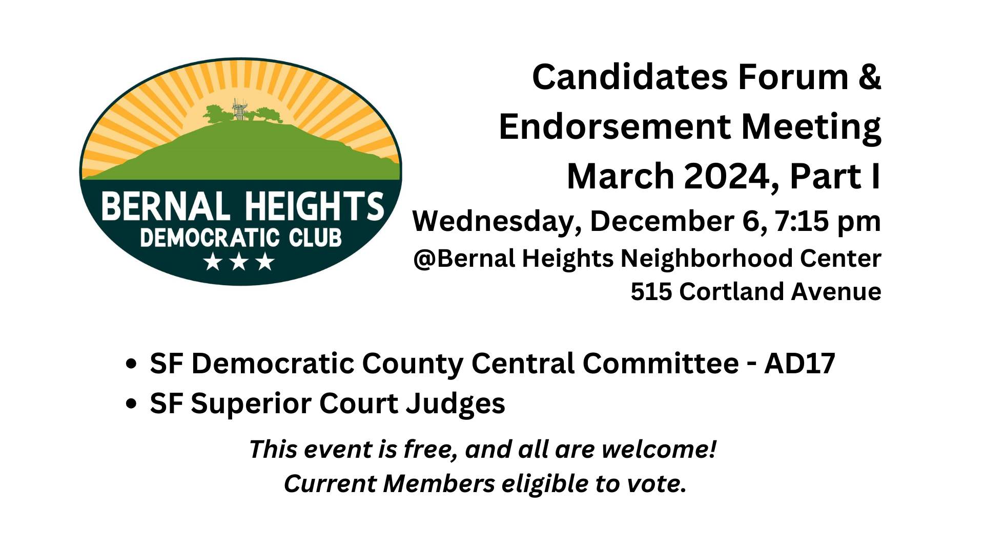 Bernal Heights Democratic Club endorsement meeting for the Democratic County Central Committee (DCCC)